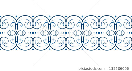 Ornamental seamless border of blue curls on white background. Frost pattern on the window. Ethnic folk ornament in nordic style. Monochrome background of swirls. Winter holiday decor. 133586006