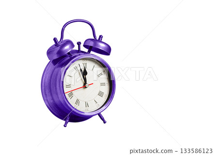 retro clock, pointer clock, purple color alarm clock on isolated white background retro clock, pointer clock, purple color alarm clock on isolated white background 133586123