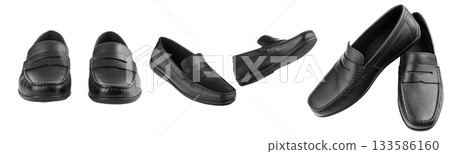 Set men's pair of black moccasins on isolated white background 133586160