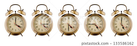 Alarm clock set, vintage clock with time period 04:00, 04:15, 04:30, 04:45, 05:00 a.m., p.m. isolated on white background 133586162
