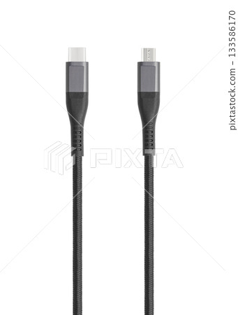 Black cable for charging and synchronization with Type - C, USB, Micro USB, Lightning connectors on a white background Black cable for charging and synchronization with Type - C, USB, Micro USB, Lightning connectors on a white background 133586170