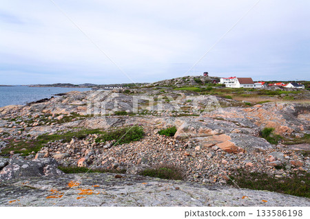 Church on peaceful car-free Vrango island with seaside village in Gothenburg archipelago, Sweden 133586198
