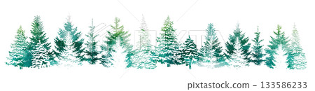 Fir trees watercolor silhouette. Christmas winter forest. Beautiful hand drawn panorama of coniferous forest. Not AI, vector illustration. Fir trees watercolor silhouette. Christmas winter forest. Beautiful hand drawn panorama of coniferous forest. Not AI, vector illustration. 133586233