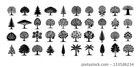A set of different trees. Hand drawn. Not AI, vector illustration. A set of different trees. Hand drawn. Not AI, vector illustration. 133586234