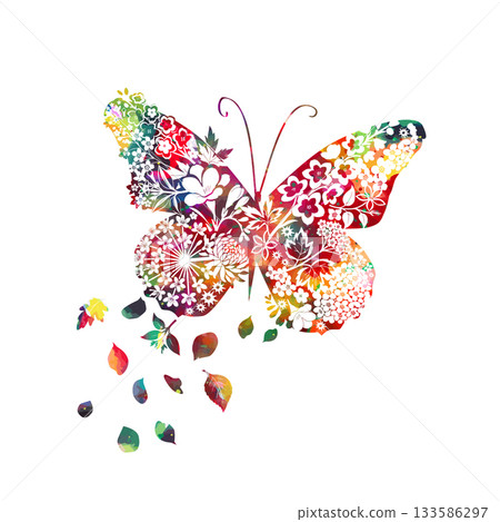 Abstract colored butterfly wing with flowers. Hand drawn. Not AI, vector illustration. 133586297