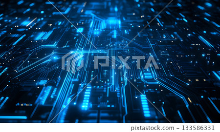 High-tech circuit board pattern with glowing lines. 133586331