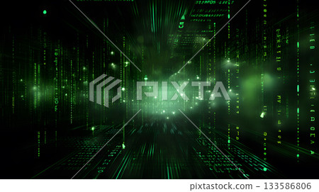 Matrix-inspired encryption screen with falling green code. Matrix-inspired encryption screen with falling green code. 133586806