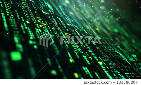 Matrix-inspired encryption screen with falling green code. 133586807