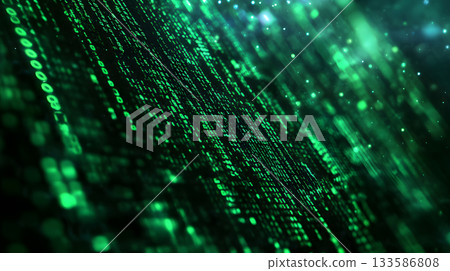 Matrix-inspired encryption screen with falling green code. 133586808