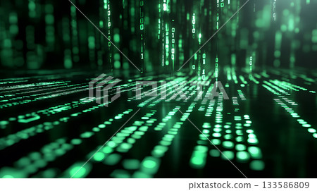 Matrix-inspired encryption screen with falling green code. 133586809