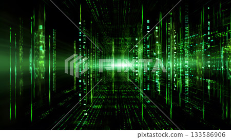Matrix-inspired encryption screen with falling green code. 133586906