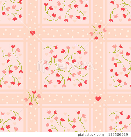 Delicate little floral seamless pattern with small tulip flowers, tiny hearts and ribbon plaid in polka dots. Design for feminine romantic backgrounds,  wedding invitations, fabric and wallpaper or 133586919
