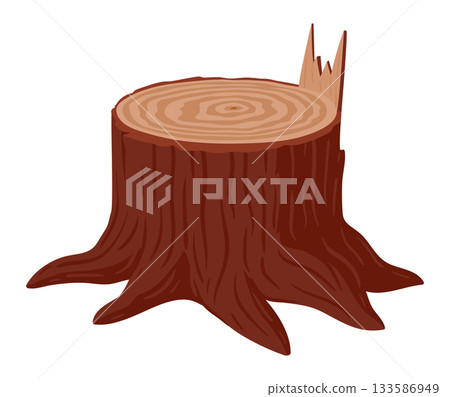 Cartoon tree trunk. Cut tree stump, wooden material, firewood or lumberjack workplace flat vector illustration. Dry tree stub on white background 133586949