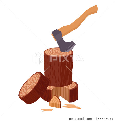 Lumberjack workplace. Cartoon wooden logs with ax, wood chopping, firewood wooden logs flat vector background illustration. Stacked woodwork on white background Lumberjack workplace. Cartoon wooden logs with ax, wood chopping, firewood wooden logs flat vector background illustration. Stacked woodwork on white background 133586954