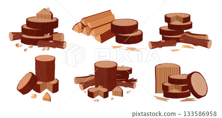 Wooden logs. Cartoon firewood piles and stacked bonfire firewoods, wood industry materials, stacked brushwood and firewood flat vector illustration set. Wooden fireplace collection on white 133586958