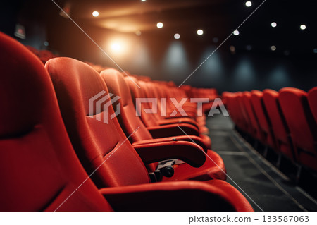 Red seats and a moment of silence in a movie theater | A cinema space depicting the excitement and emptiness before a screening 133587063