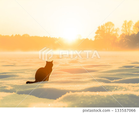 一隻貓籠罩在清晨的薄霧中，遠處是燈光柔和的雪地。 133587066