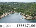 Aerial view marina cape Bonifacio south Corsica France citadel on rocky promontory on wild white limestone cliffs 133587166