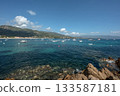 Spectacular view Golf at Sagone Corsica France beautyful sand Beach boats mountain village Tourism and vacations concept 133587181