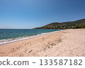 Spectacular view Golf at Sagone Corsica France beautyful sand Beach boats mountain village Tourism and vacations concept 133587182