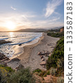 Sunset at Santana Beach view Golf at Sagone Corsica France beautyful sand Beach boats mountain village Tourism concept 133587183