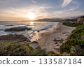 Sunset at Santana Beach view Golf at Sagone Corsica France beautyful sand Beach boats mountain village Tourism concept 133587184