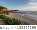 Sunset at Santana Beach view Golf at Sagone Corsica France beautyful sand Beach boats mountain village Tourism concept 133587196