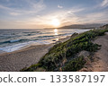 Sunset at Santana Beach view Golf at Sagone Corsica France beautyful sand Beach boats mountain village Tourism concept 133587197
