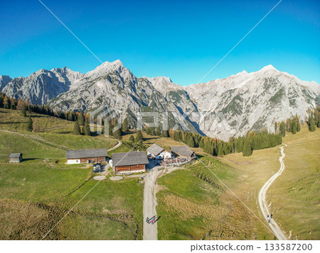 Walderalm Gnadenwald scenic landscape view Nordkette mountain alps in Tyrol aerial view of Alps near Innsbruck Austria 133587200