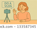 A girl is doing a vlog, cartoon illustration. Do a vlog, motivational cartoon picture of a girl talking and waving to camera. 133587345