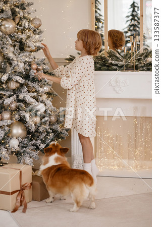 Caucasian blonde girl decorating snowy Christmas tree with corgi in cozy home interior 133587377