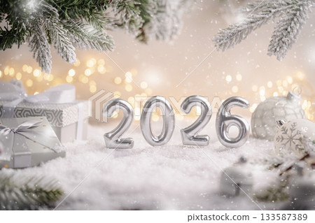 Silver 2026 New Year Scene with Gifts and Ornaments in Snow Silver 2026 New Year Scene with Gifts and Ornaments in Snow 133587389