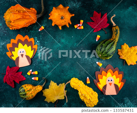Thanksgiving day background with craft turkey Thanksgiving day background with craft turkey 133587431