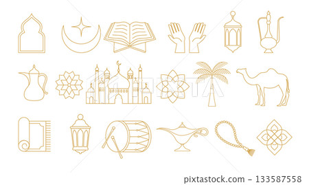 Ramadan Kareem design elements collection in Art Deco style. Modern Islamic linear icons set. Ramadan Kareem design elements collection in Art Deco style. Modern Islamic linear icons set. 133587558