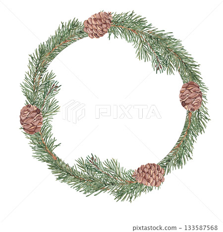 Watercolor fir, pine branches and cones wreath, circle frame. Hand drawn watercolor illustration of winter plants. Perfect for Christmas or New Year designs, winter decoration, invitations, cards and 133587568