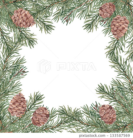 Fir branches with cones square frame, border. Hand drawn watercolor illustration of pine. Perfect for Christmas and New Year design, winter invitations, cards, coniferous product design and natural Fir branches with cones square frame, border. Hand drawn watercolor illustration of pine. Perfect for Christmas and New Year design, winter invitations, cards, coniferous product design and natural 133587569