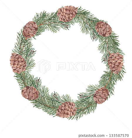 Watercolor fir, pine branches and cones wreath, circle frame. Hand drawn watercolor illustration of winter plant. Perfect for Christmas or New Year design, winter decoration, invitations, cards, and 133587570
