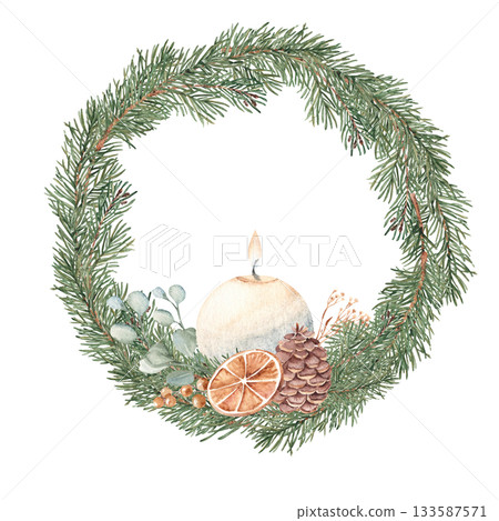 Christmas Advent Wreath with fir, pine branches, dried Orange and Candle. First Advent. Hand drawn Illustration in rustic style isolated on white background. For Cards, Invitations and prints. 133587571
