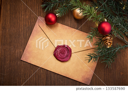 Festive Sealed Envelope. A vintage envelope with a red wax seal, Festive Sealed Envelope. A vintage envelope with a red wax seal, 133587690