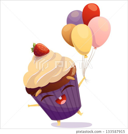Vector illustration of a cheerful cake holding balloons. Cake, character, holiday, vector, joy, fun, balloons, birthday Vector illustration of a cheerful cake holding balloons. Cake, character, holiday, vector, joy, fun, balloons, birthday 133587915