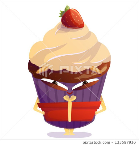 Vector illustration of a cheerful cake holding a gift. Cake, character, gift, holiday, vector, joy, sweet, fun 133587930