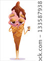 A cute, colorful ice cream cone with a sleepy man holding a coffee. Ice cream, cone, sweet, character, coffee, sleep 133587938