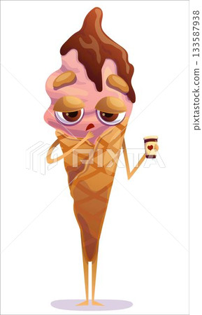 A cute, colorful ice cream cone with a sleepy man holding a coffee. Ice cream, cone, sweet, character, coffee, sleep 133587938