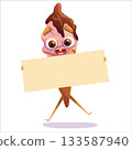 A cheerful, colorful ice cream cone holding a sign for text. Ice cream, cone, sweet, sign, template, joy, fun, character 133587940