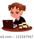 Vector illustration of a tired worker. Worker, office, fatigue, exhaustion, schedule, computer, coffee, burnout, stress, confusion 133587947