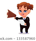 Vector illustration of a successful employee. Employee, office, joy, growth, schedule, computer, table, coffee, development, success 133587960