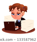 Vector illustration of a tired worker. Worker, office, fatigue, exhaustion, schedule, computer, coffee, burnout, stress, confusion 133587962