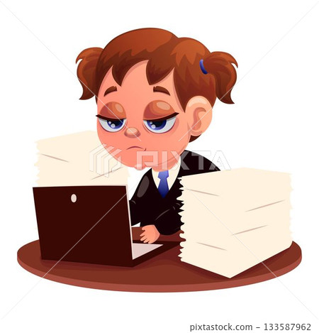 Vector illustration of a tired worker. Worker, office, fatigue, exhaustion, schedule, computer, coffee, burnout, stress, confusion 133587962