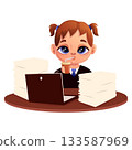 Vector illustration of a successful employee. Employee, office, joy, growth, schedule, computer, table, coffee, development, success 133587969