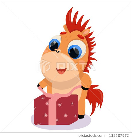 Vector illustration of a horse wrapping a gift. New Year, Christmas, holiday, 2026, Horse, Chinese New Year, Horoscope, games, entertainment, relaxation, weekend, snow, fun, vacation 133587972